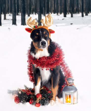 Miniature Australian Shepherd in front of winter backgroundの素材