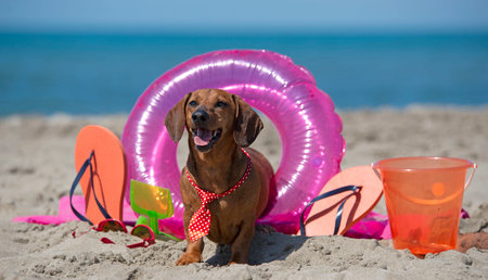 brown dachshund playing on the beach in summerの写真素材