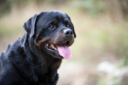 purebred rottweiler walking in the nature in autumnの写真素材