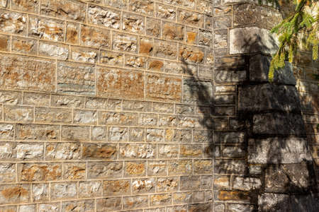 Antique 19th Century natural limestone block wall texture background with tuckpointing mortar restoration, show light filtered tree shadowsの写真素材