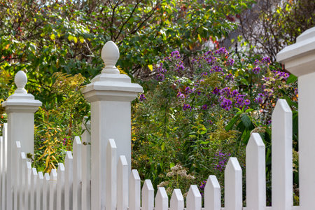 View of an attractive white vintage wooden fence along a residential garden.の写真素材