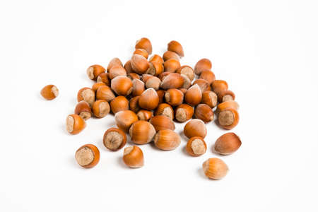 Hazelnuts isolated on white background, macro imageの写真素材