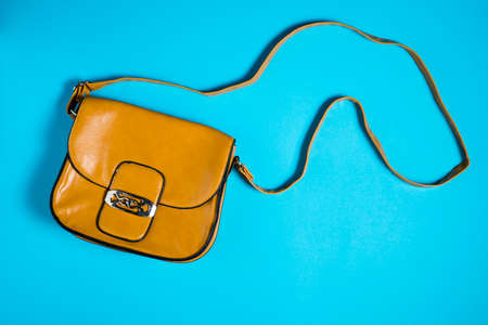 Woman leather purse isolated on blue backgroundの写真素材