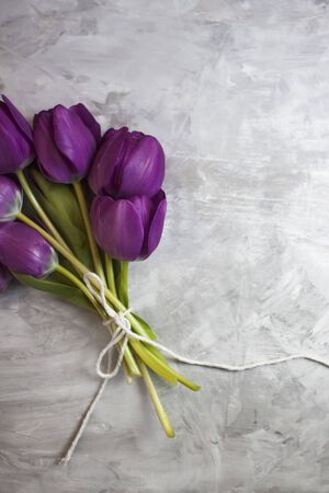Lovely background of a boquet of violet tulips on grey surface.の写真素材