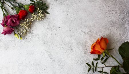 Top view of different types of vibrant colored flowers on grey surface.の写真素材