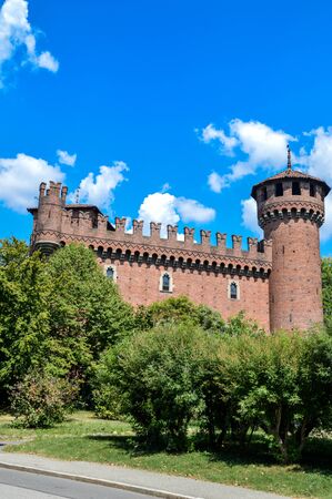 the medieval castle, actually late 19th century fake, in Turin, Italyのeditorial素材