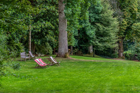 A little rest and relaxation on deckchairs set in a sumptuous gardenの写真素材