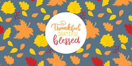 fall happy autumn banner. Cute hand drawn farmhouse vector background with leaves. Thanksgiving cozy autumn saleのイラスト素材