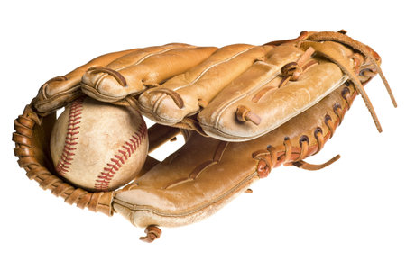old baseball in leather mitt or glove