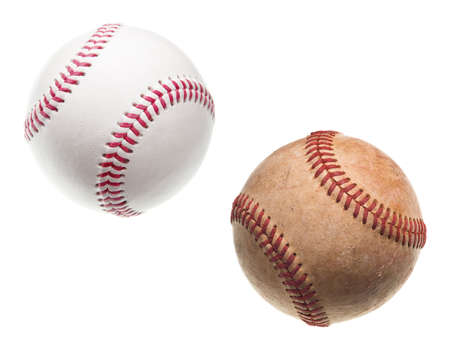 old and new baseballs with red stitching isolated on white backgroundの写真素材