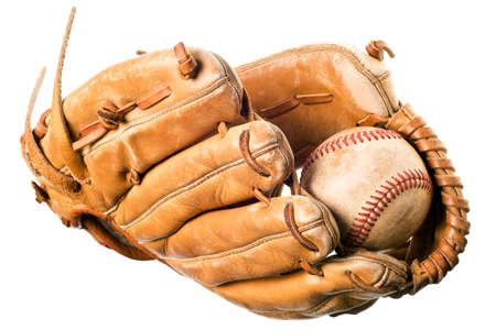 baseball in mitt isolated on white backgroundの写真素材