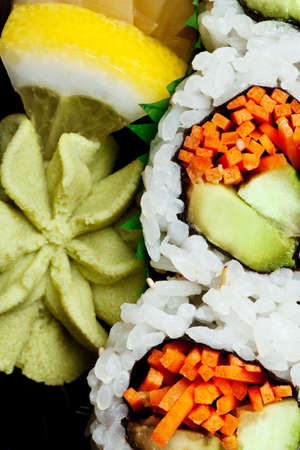 Vegetarian sushi California roll with rice and seaweed backgroundの写真素材