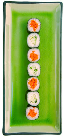 Sushi roll with carrots and cucumbers isolated on white backgroundの写真素材