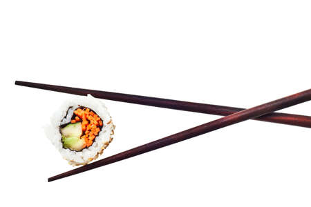 Vegetarian sushi California roll with rice and seaweed isolated on white backgroundの写真素材