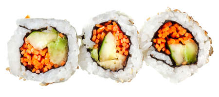 Vegetarian sushi California roll with rice and seaweed isolated on white backgroundの写真素材