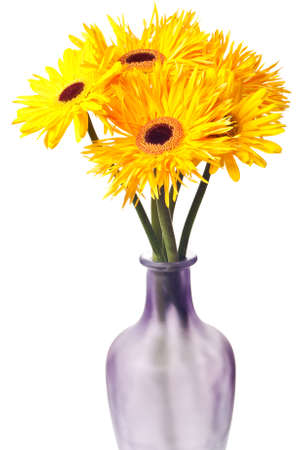 yellow daisies in a vase isolated on a black backgroundの写真素材