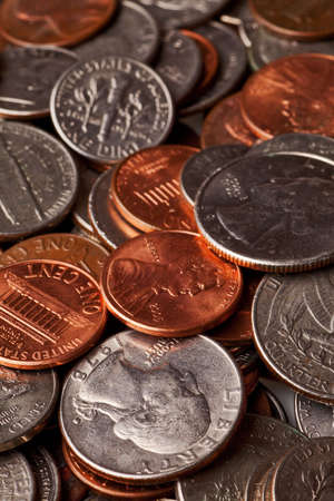 pennies, nickles, dimes, and quarters macro backgroundの写真素材