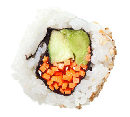 Vegetarian sushi California roll with rice and seaweed isolated on white backgroundの写真素材