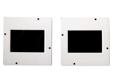 vintage plastic slides isolated on white backgroundの写真素材