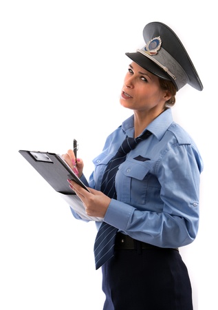 Lady cop write a ticket on white background isolatedの写真素材