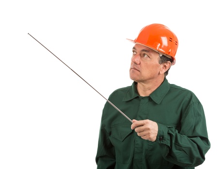 portrait of a workman in overalls and helmet showing different gesturesの写真素材