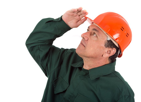 old man electrician in uniform with bulb  Isolated on white