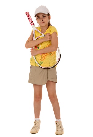 little girl with plays tennis on a white backgroundの写真素材