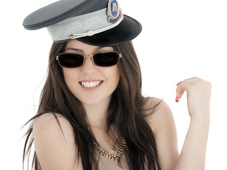 attractive woman in policeman cap and glassesの写真素材
