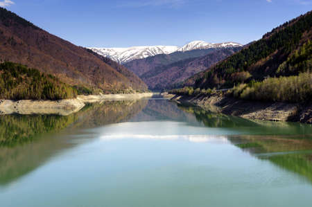 Landscape of lake and mountains, Romaniaの写真素材