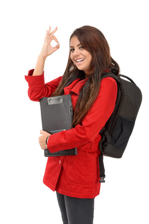young student showing ok sign isolated on white background