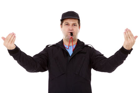 security officer directs traffic isolated on whiteの写真素材