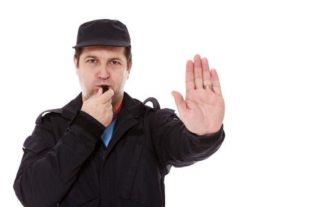 security officer making the stop sign. white  backgroundの写真素材