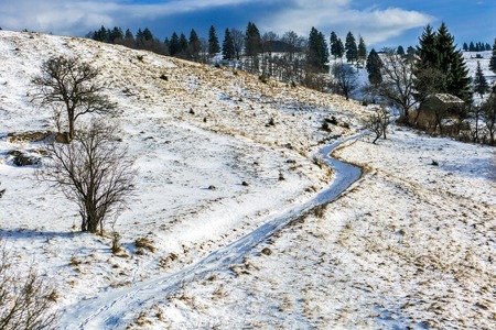 Winter landscape with a snowy countryside road in the mountainsの写真素材