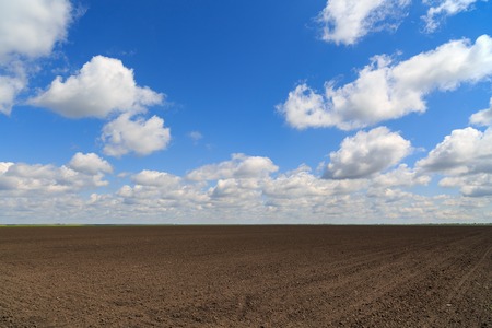 landscape with a farm field under sky with cloudsの写真素材