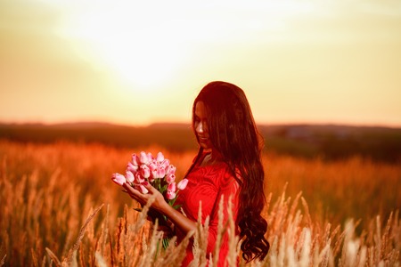 beautiful brunette woman in red dress with tulips in hands on a field at sunsetの写真素材