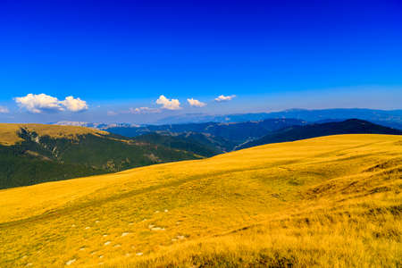 mountain landscape with yellow grass plateauの写真素材