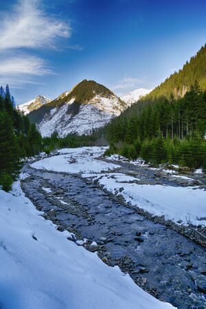 The mountain river in winter sunny day. Beautiful winter landscapeの写真素材