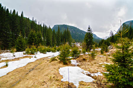 Spring valley landscape with mountains and melting snowの写真素材