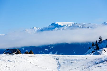 Homes in the mountains in winter landscape