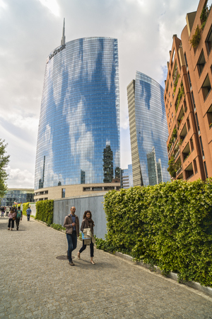 MILAN, ITALY-MAY 13, 2017: panoramic view of the new futuristic architecture buildings of Gae Aulenti square, in Porta Nuova district, in Milan.のeditorial素材