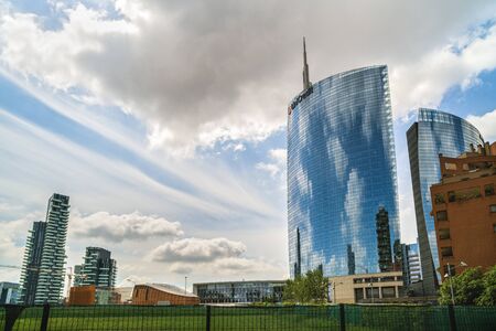 MILAN, ITALY-MAY 13, 2017: panoramic view of the new futuristic architecture buildings of Gae Aulenti square, in Porta Nuova district, in Milan.のeditorial素材