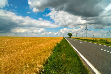 Landscape with an agricultural and wind farm in Romaniaの写真素材