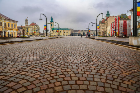 Union square (Piata Unirii) seen at the rainy day in Oradea, Romania (2018-02-10)