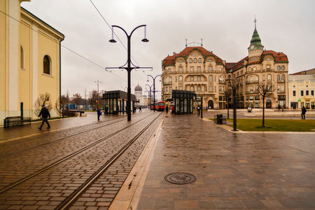 Union square (Piata Unirii) seen at the rainy day in Oradea, Romania (2018-02-10)のeditorial素材