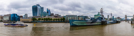 London, England - 8 June 2019: HMS Belfast at her London berth, painted in Admiralty pattern...
