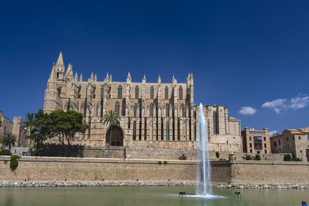Exteror of Cathedral La Seu famous ancient tourist attraction in Palma de Mallorca, symbol of city, largest Gothic church most valuable building in Spain, Balearic Islandsのeditorial素材
