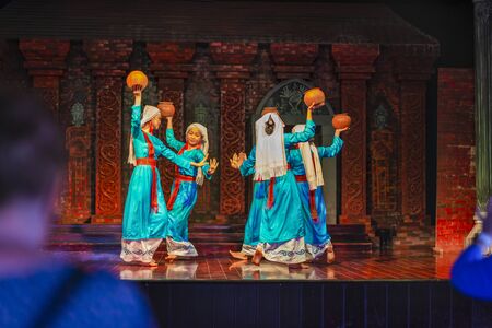 Phan Rang town, Ninh Thuan province, Vietnam - 14 January, 2020: The Cham girls perform an Apsara traditional dance at ancient Po Klong Garai temple, Phan Rang town, Ninh Thuan province, Vietnamのeditorial素材