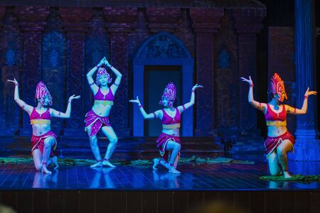 Phan Rang town, Ninh Thuan province, Vietnam - 14 January, 2020: The Cham girls perform an Apsara traditional dance at ancient Po Klong Garai temple, Phan Rang town, Ninh Thuan province, Vietnamのeditorial素材
