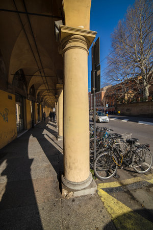 Bologna / Italy - February 12, 2020: View of the amazing city of Bologna in Italy, before the...
