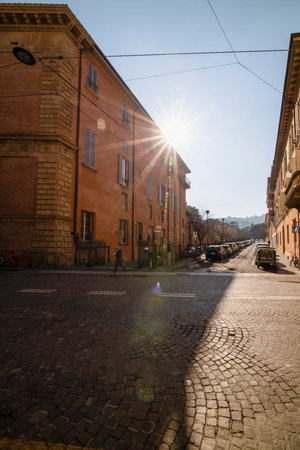 Bologna / Italy - February 12, 2020: View of the amazing city of Bologna in Italy, before the...